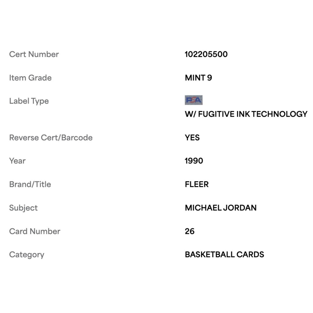 Michael Jordan PSA 9 1990 Fleer Card #26
