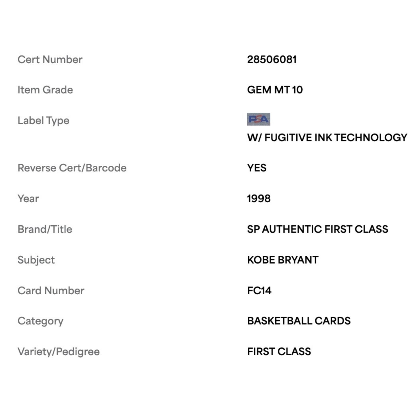 Kobe Bryant PSA 10 1998 Upper Deck SP Authentic First Class Card #FC14