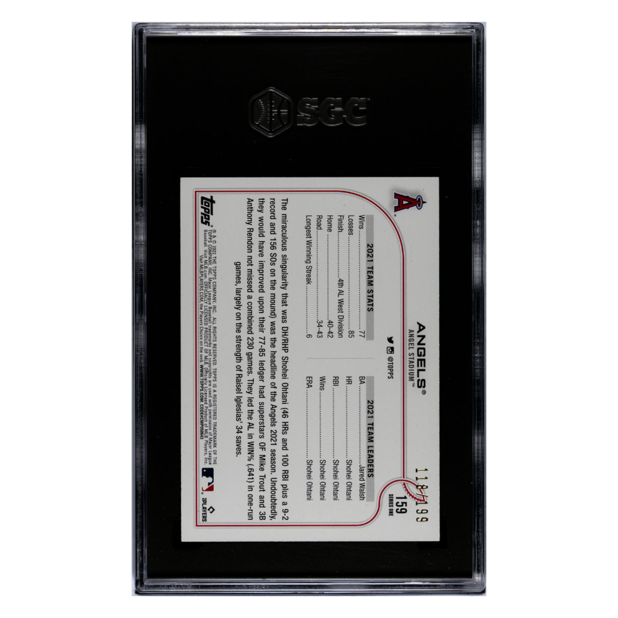 Los Angeles Angels SGC 9.5 2022 Topps Red Foil #d/ 199 Card #159