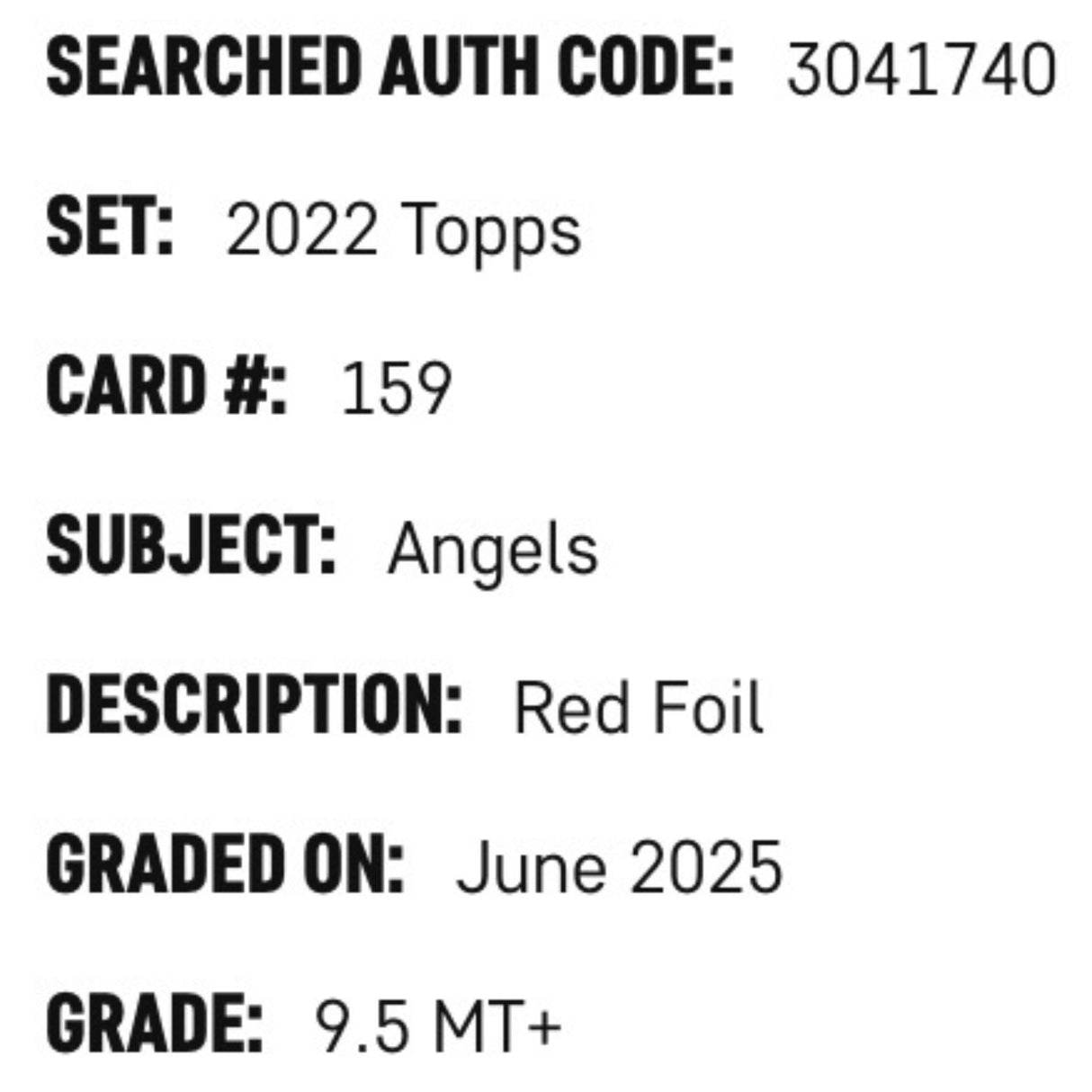 Los Angeles Angels SGC 9.5 2022 Topps Red Foil #d/ 199 Card #159