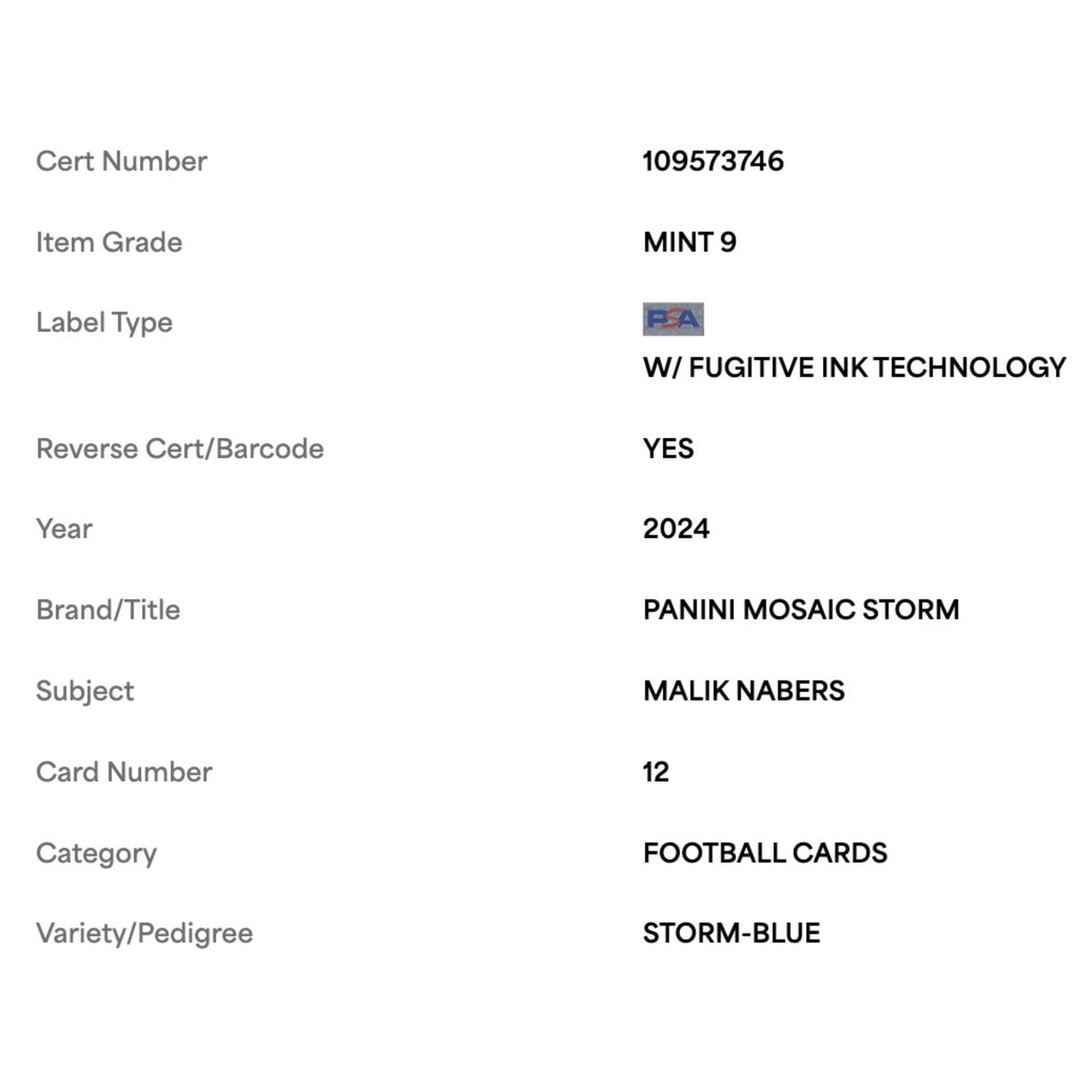 Malik Nabers PSA 9 2024 Panini Mosaic Storm Blue Rookie RC #d/ 99 Card #12