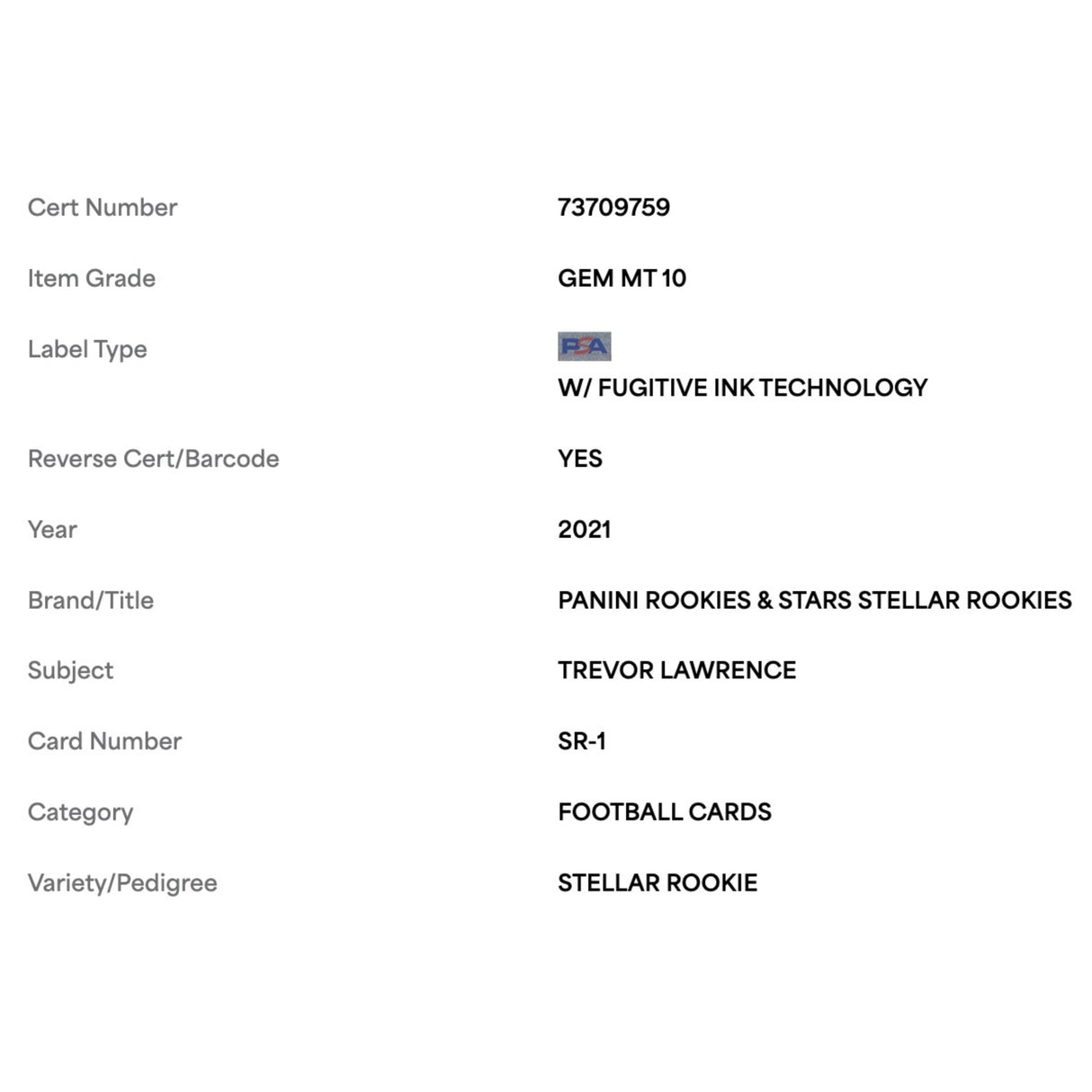 Trevor Lawrence PSA 10 2021 Panini Rookies & Stars Stellar Rookie Card #SR-1
