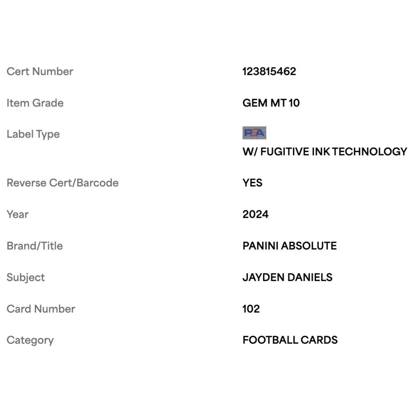 Jayden Daniels PSA 10 2024 Panini Absolute Rookie RC Card #102