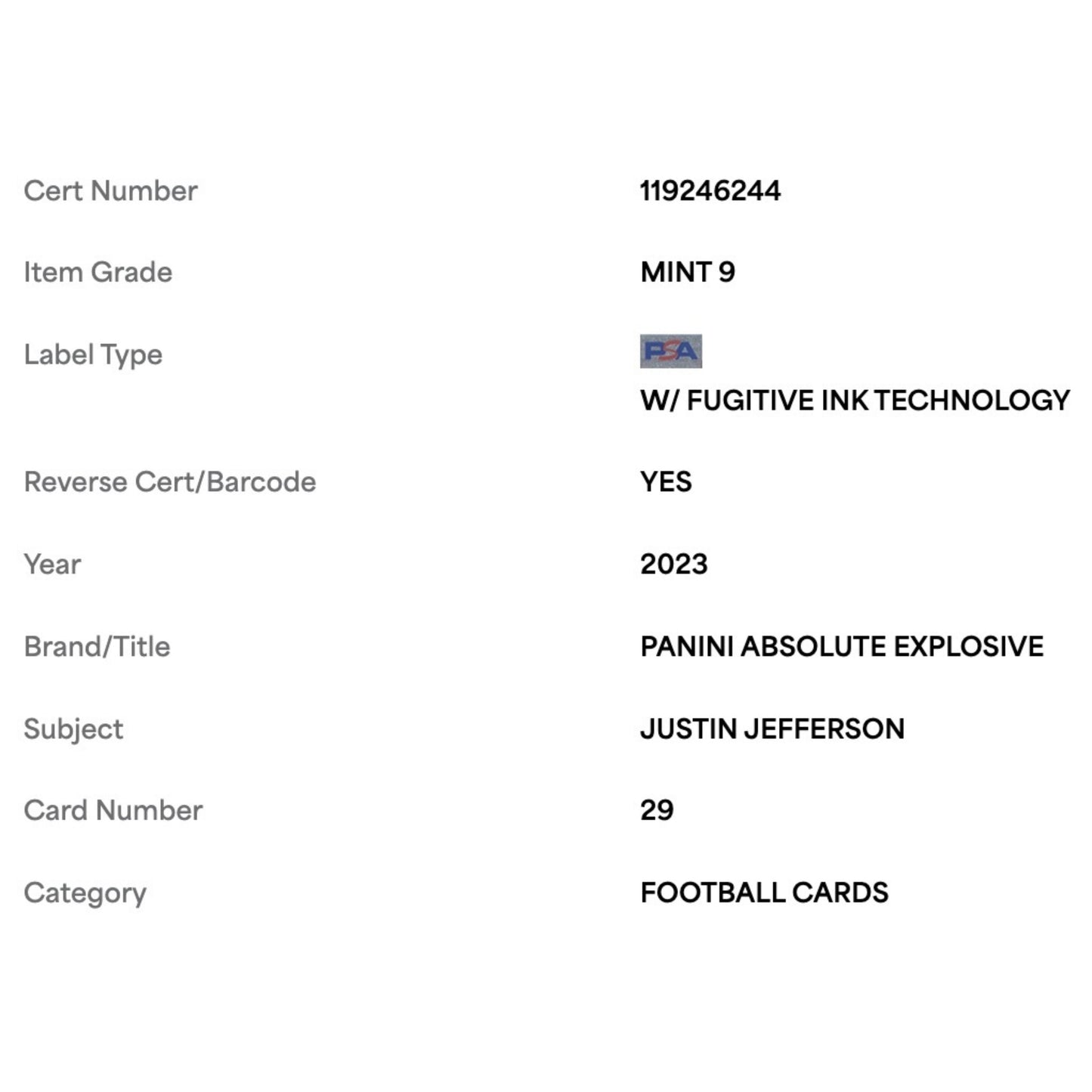 Justin Jefferson PSA 9 2023 Panini Absolute Explosive Case Hit Card #29