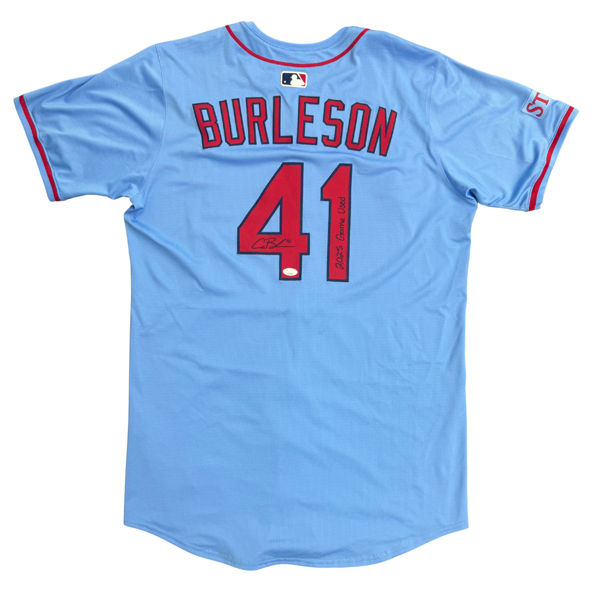 Alec Burleson St Louis Cardinals Autographed 2025 Game Used Baby Blue Jersey w/ Inscription - JSA COA