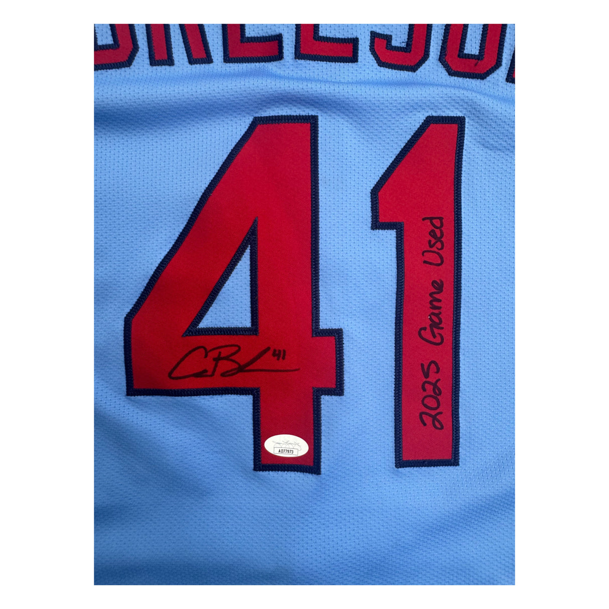 Alec Burleson St Louis Cardinals Autographed 2025 Game Used Baby Blue Jersey w/ Inscription - JSA COA