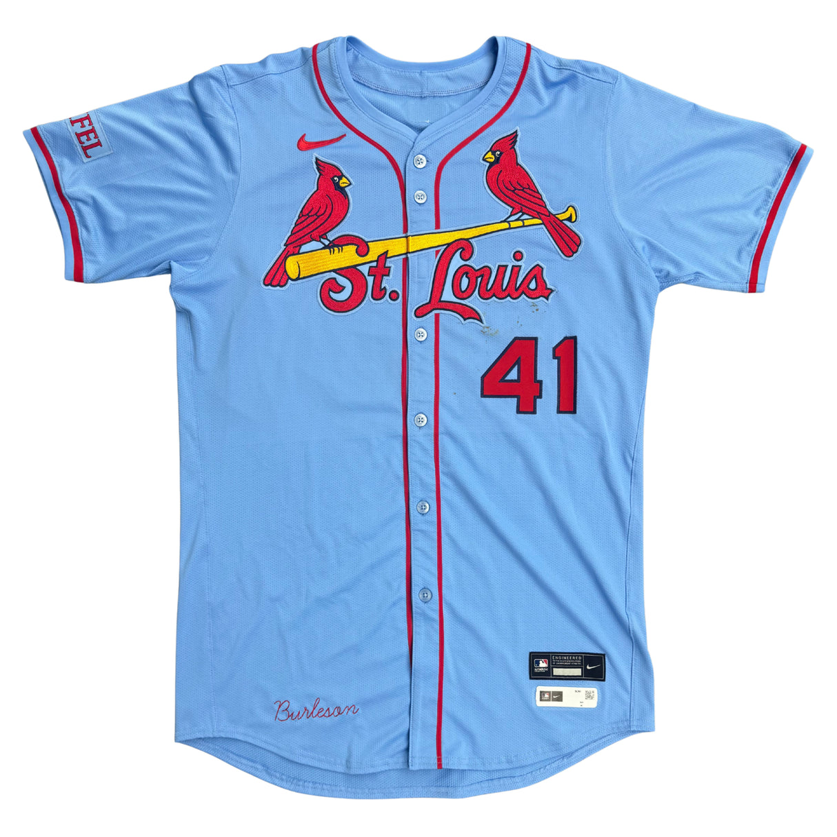 Alec Burleson St Louis Cardinals Autographed 2025 Game Used Baby Blue Jersey w/ Inscription - JSA COA