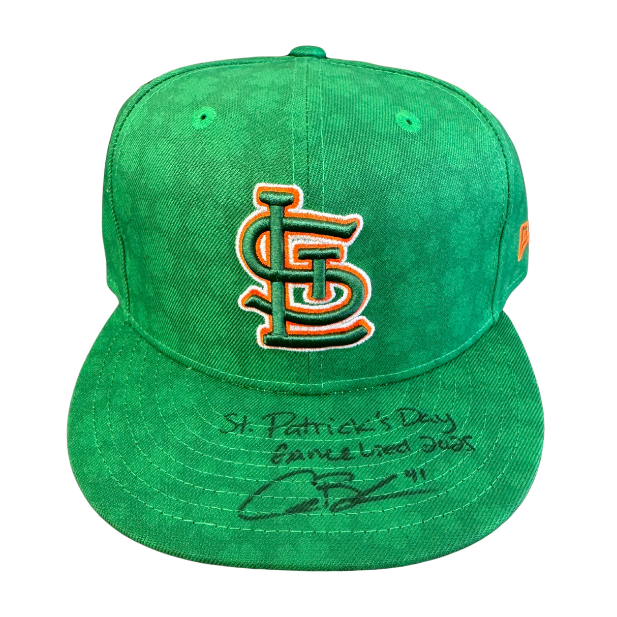 Alec Burleson St Louis Cardinals Autographed 2025 Game Used St Patricks Day Hat w/ Inscription - JSA COA