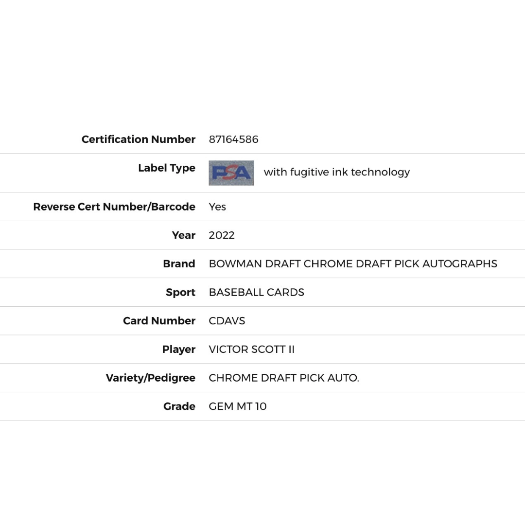 Victor Scott II PSA 10 2022 Bowman Chrome Draft Prospect Autograph Rookie RC Card #CDAVS