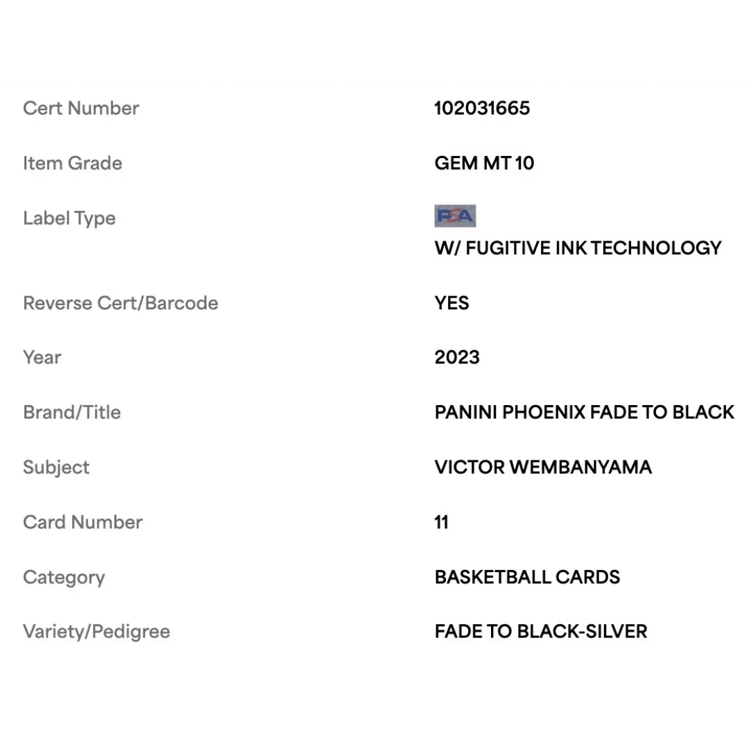 Victor Wembanyama PSA 10 2023 Panini Phoenix Fade to Black Silver Rookie RC Card #11