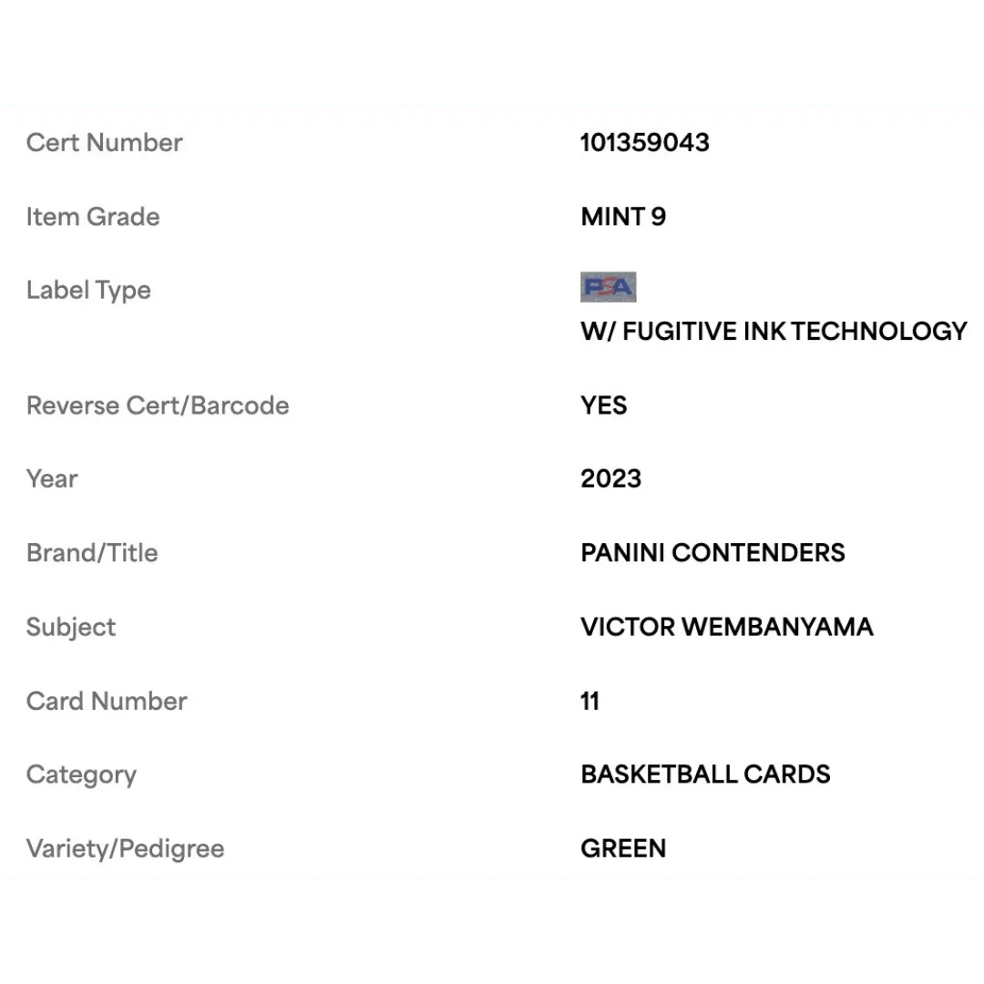 Victor Wembanyama PSA 9 2023 Panini Contenders Green Rookie RC Card #11