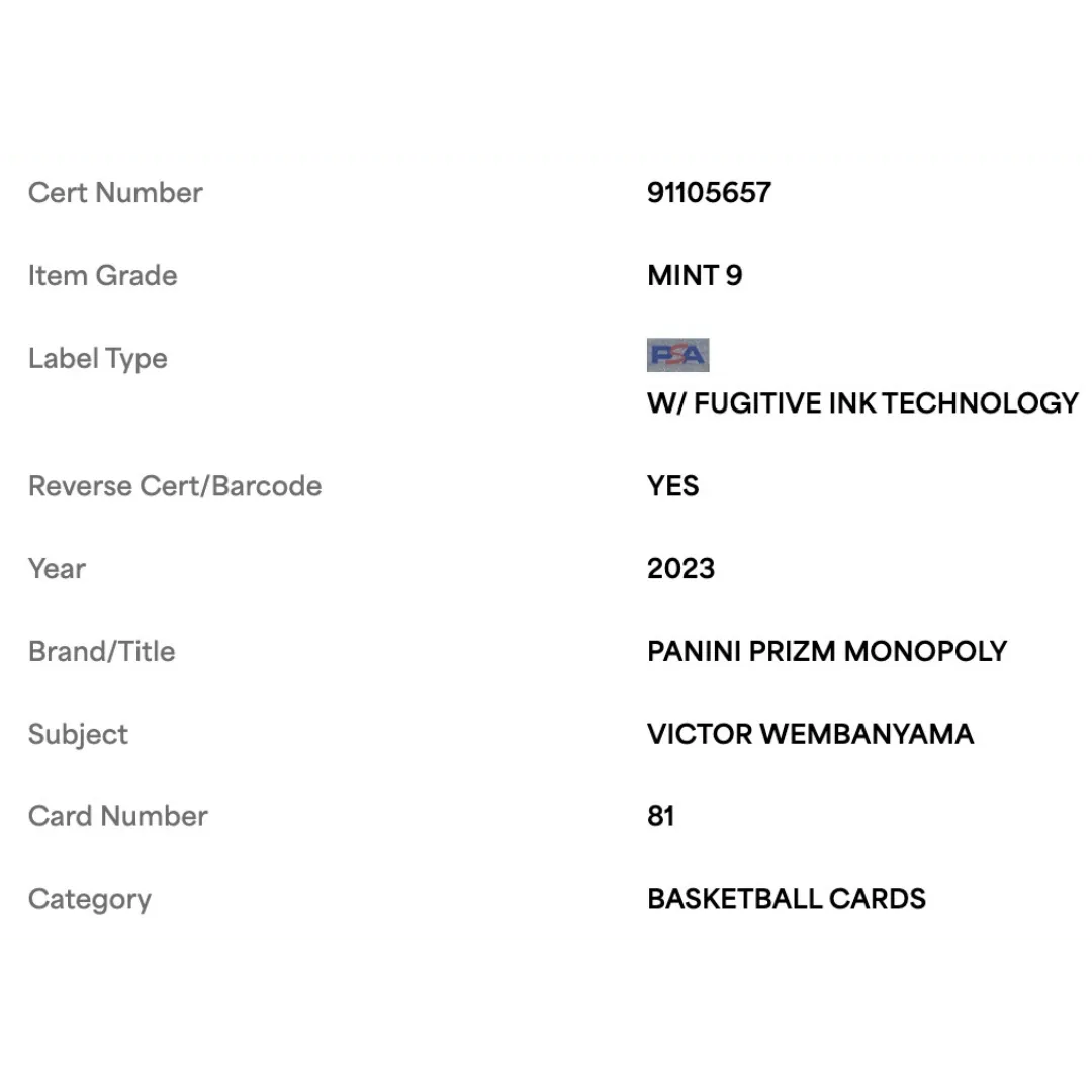 Victor Wembanyama PSA 9 2023 Panini Prizm Monopoly Rookie RC Card #81