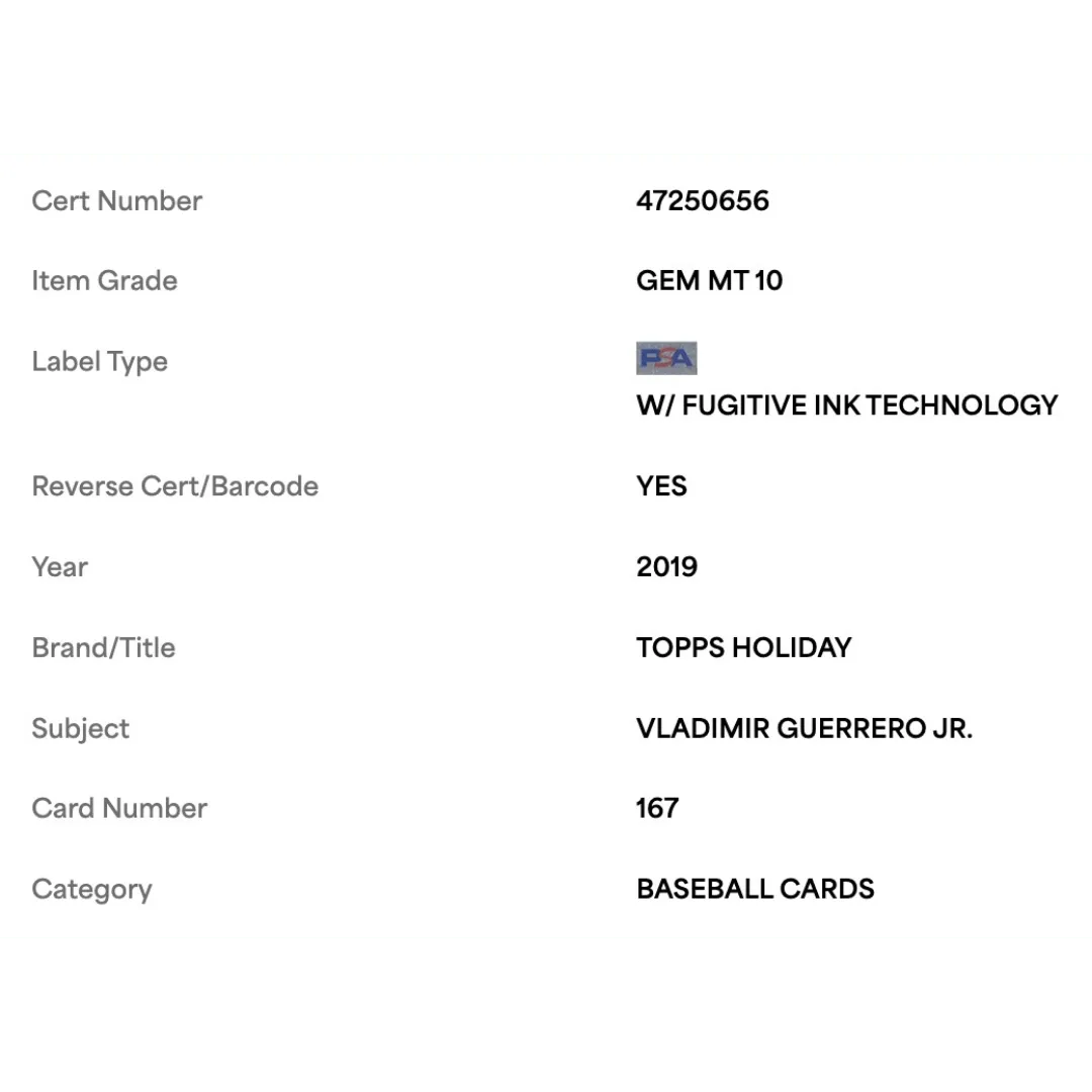 Vladimir Guerrero Jr PSA 10 2019 Topps Holiday Card #167