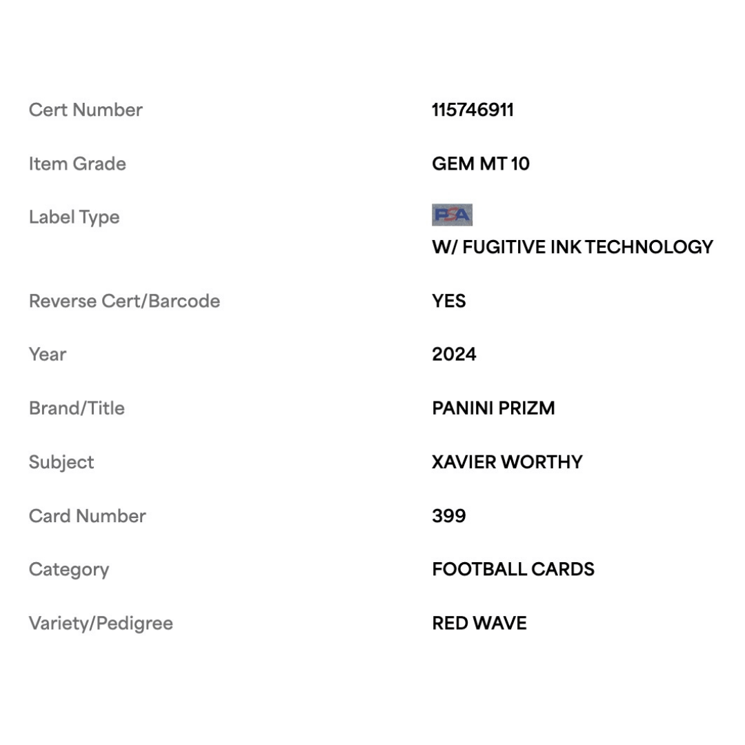 Xavier Worthy PSA 10 2024 Panini Prizm Red Wave Rookie RC #d/149 Card #399
