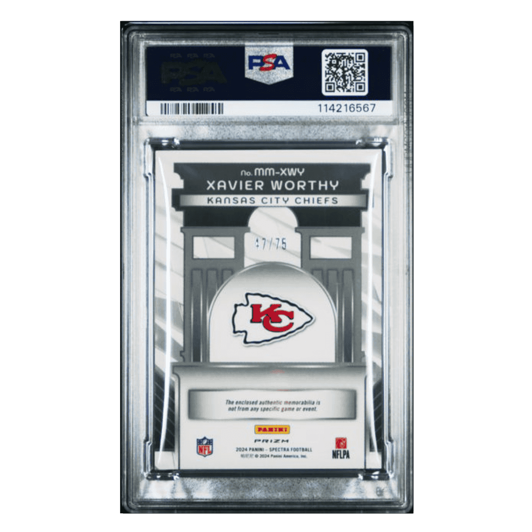 Xavier Worthy PSA 10 2024 Panini Spectra Monumental Memorabilia Celestial Rookie RC #d/ 75 Card #MMXWY