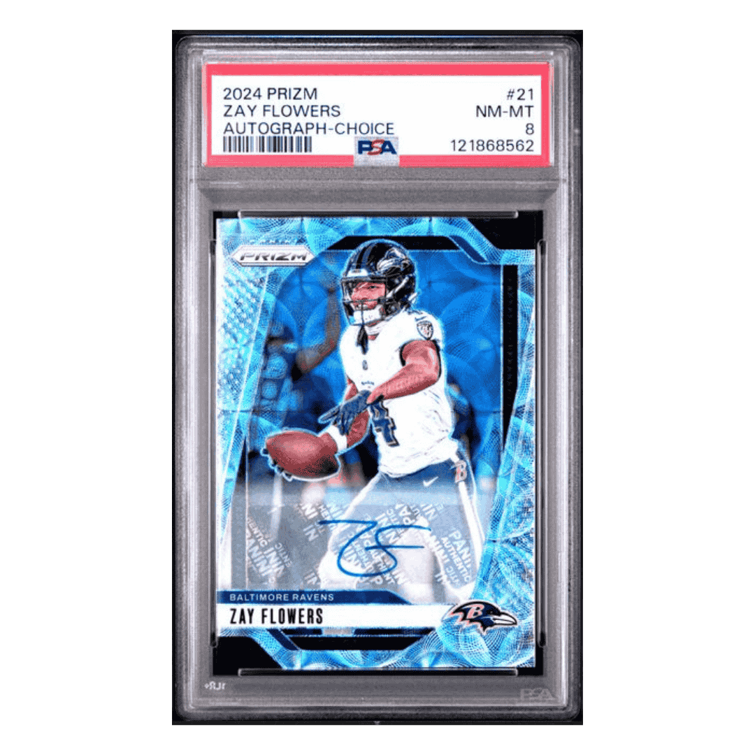 Zay Flowers PSA 8 2024 Panini Prizm Autograph Choice #d/ 100 Card #21