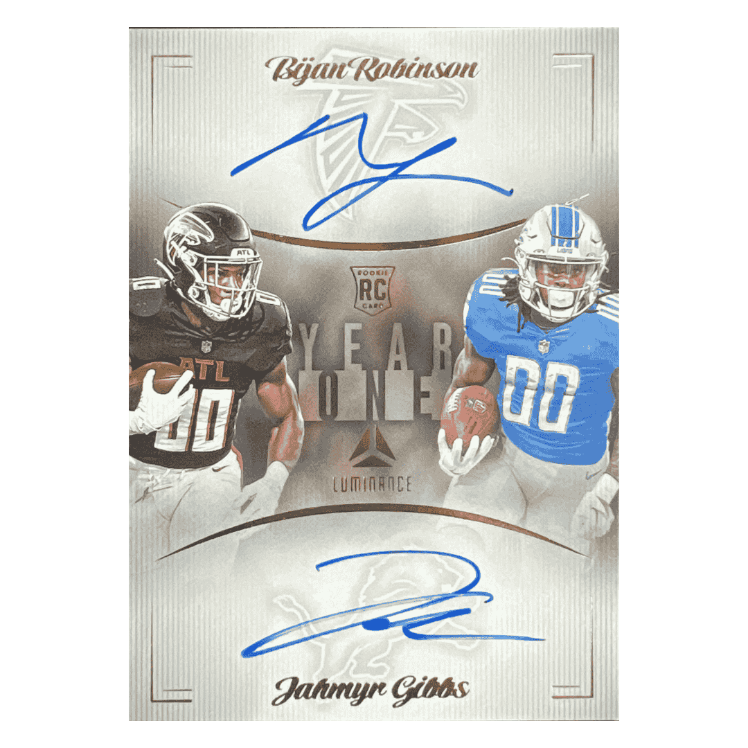 Jahmyr Gibbs & Bijan Robinson 2023 Panini Luminance Year One Dual Autographed Rookie RC Card #Y1DRB