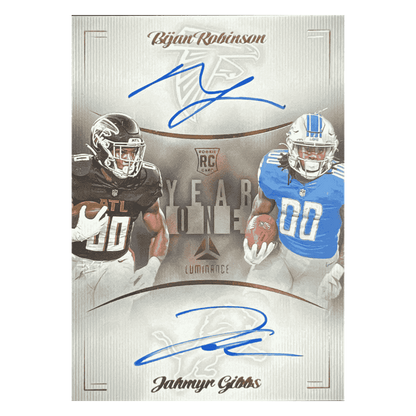 Jahmyr Gibbs & Bijan Robinson 2023 Panini Luminance Year One Dual Autographed Rookie RC Card #Y1DRB