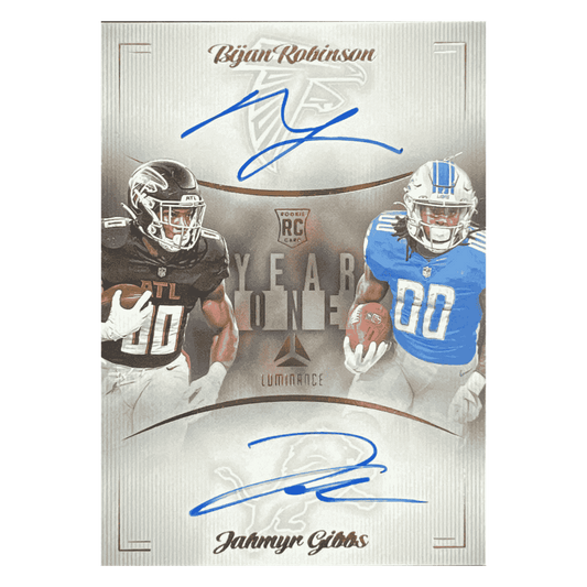Jahmyr Gibbs & Bijan Robinson 2023 Panini Luminance Year One Dual Autographed Rookie RC Card #Y1DRB