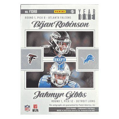 Jahmyr Gibbs & Bijan Robinson 2023 Panini Luminance Year One Dual Autographed Rookie RC Card #Y1DRB