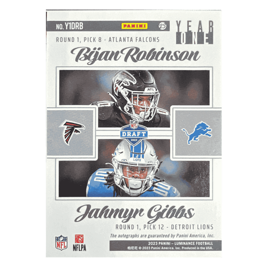 Jahmyr Gibbs & Bijan Robinson 2023 Panini Luminance Year One Dual Autographed Rookie RC Card #Y1DRB