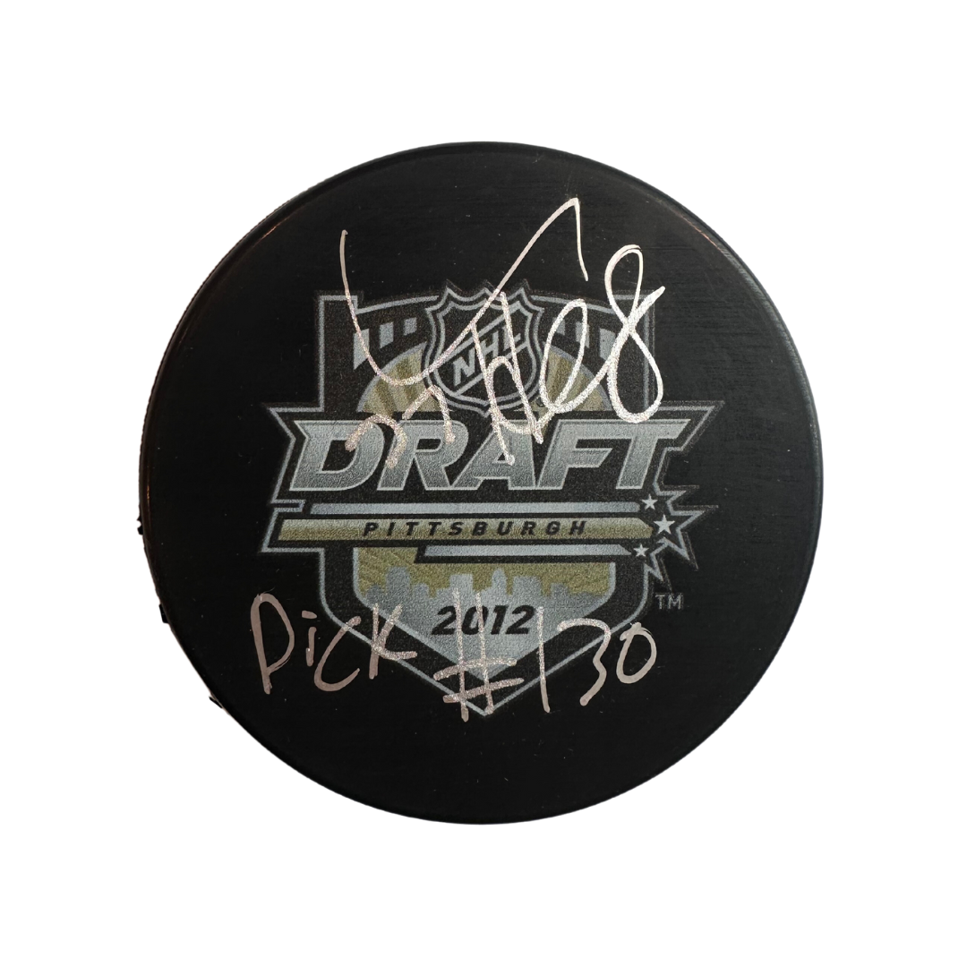 Connor Hellebuyck Winnipeg Jets Autographed Draft Puck w/ "Pick #130" Inscription - Fan Cave COA (Extra Fine)