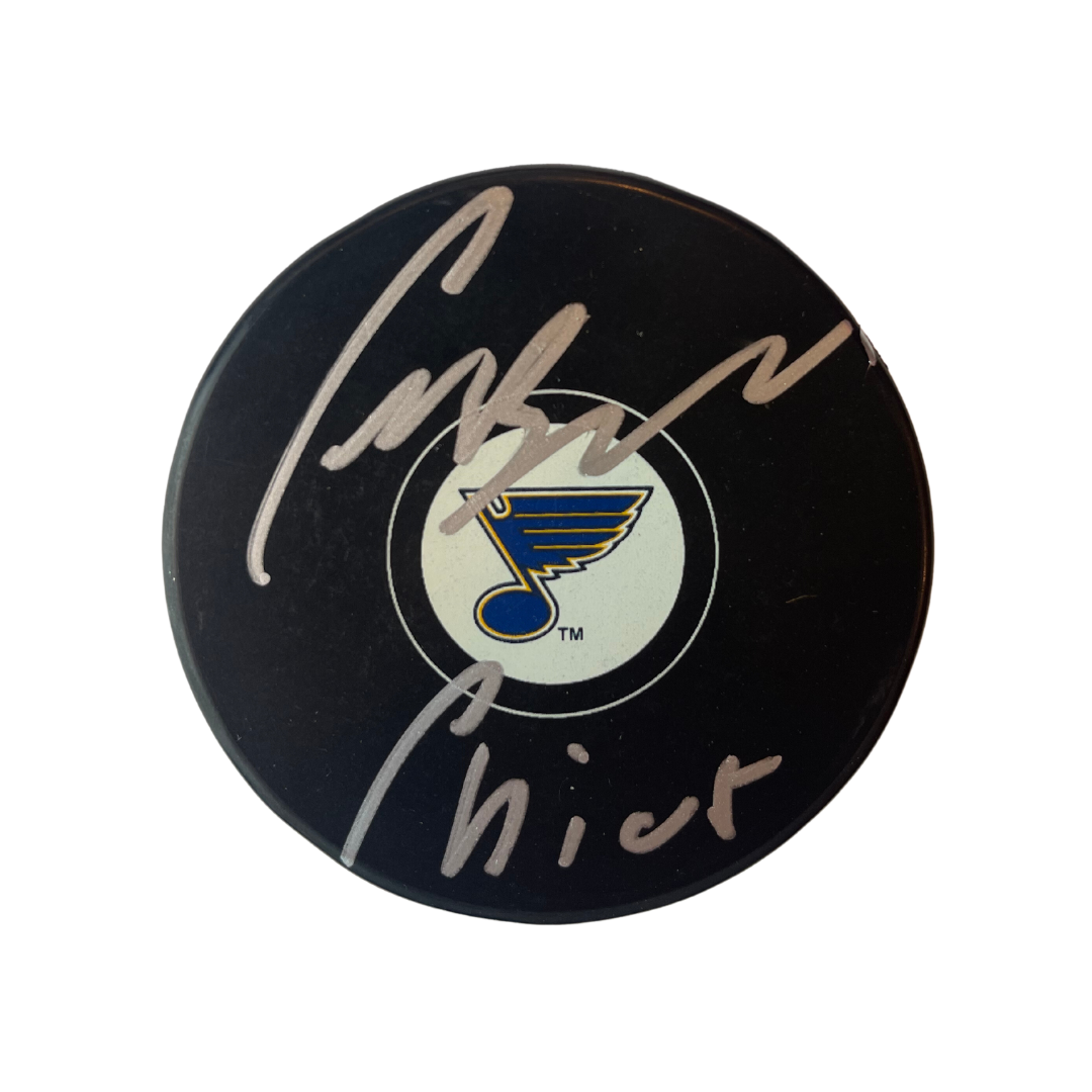 Craig Berube St Louis Blues Autographed Blues Logo Puck w/ "Chief" Inscription - Fan Cave COA