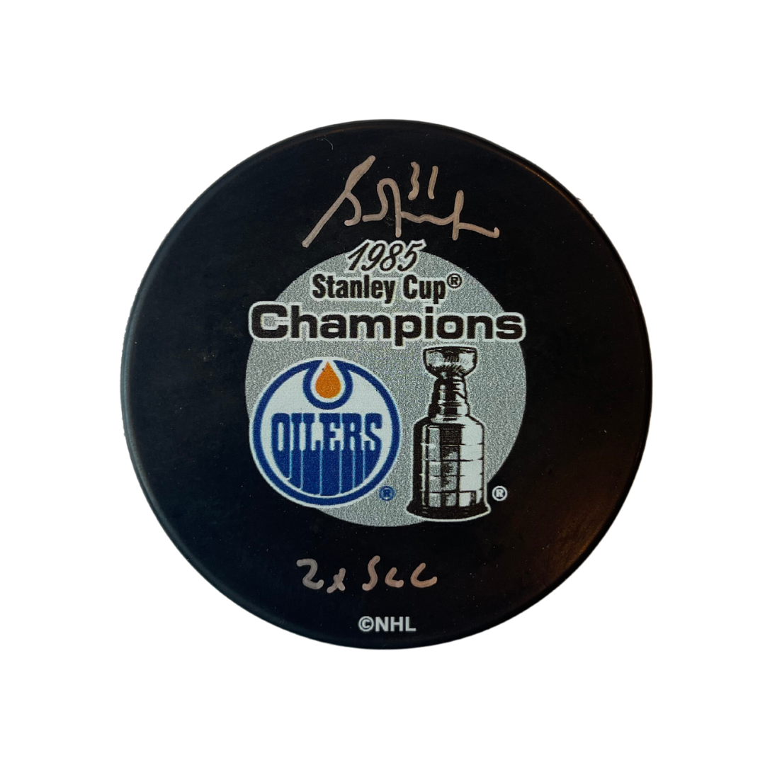 Grant Fuhr Edmonton Oilers Autographed 1985 Oilers Stanley Cup Puck w/ "2x SCC" Inscription - Fan Cave COA