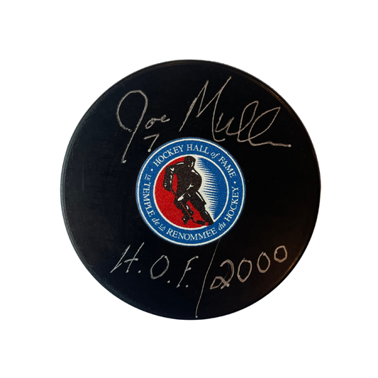 Joe Mullen St Louis Blues Autographed Hockey Hall Of Fame Logo Puck w/ "HOF 2000"  Inscription - Fan Cave COA