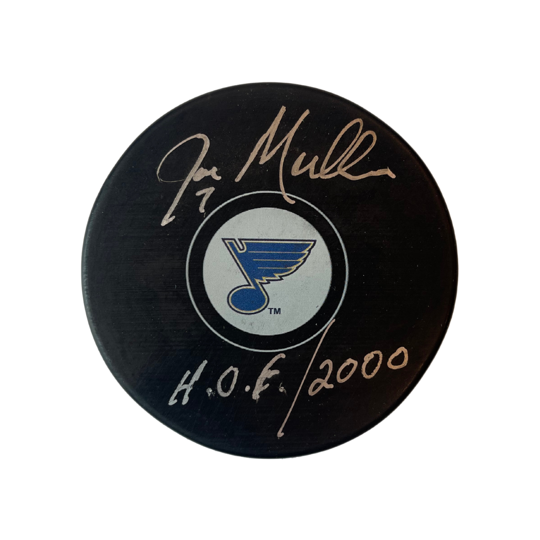 Joe Mullen St Louis Blues Autographed Logo Puck w/ "HOF 2000" Inscription - Fan Cave COA