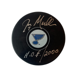 Joe Mullen St Louis Blues Autographed Logo Puck w/ "HOF 2000" Inscription - Fan Cave COA