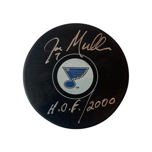 Joe Mullen St Louis Blues Autographed Logo Puck w/ "HOF 2000" Inscription - Fan Cave COA