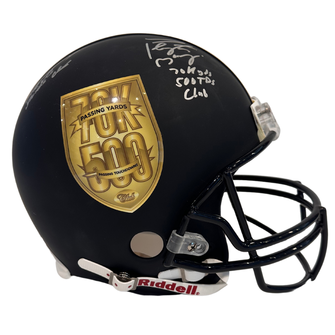Brett Favre & Peyton Manning Dual Autographed Authentic 70k Passing Yards / 500 Passing Touchdowns Helmet w/ Inscriptions - COA