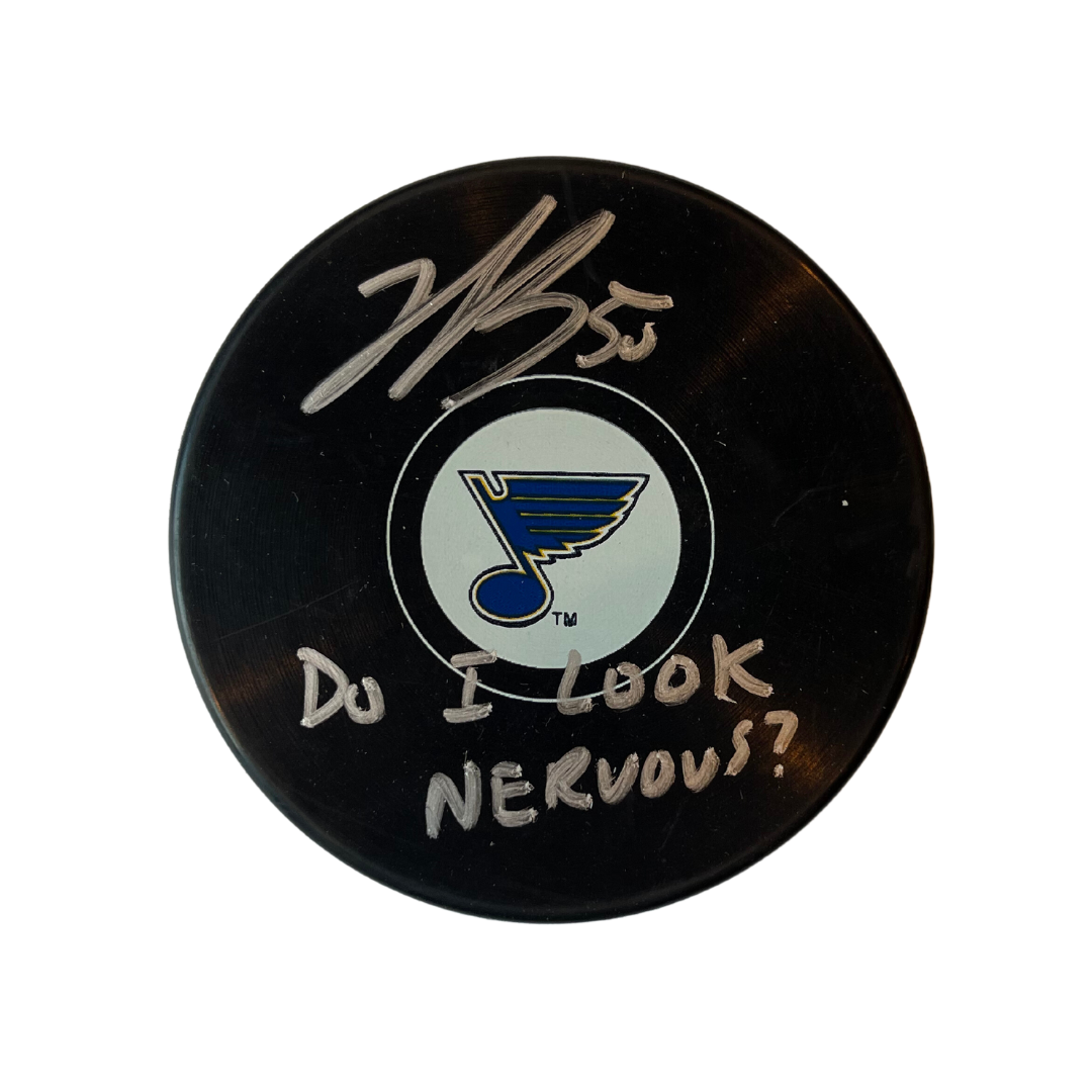 Jordan Binnington St Louis Blues Autographed Blues Logo Puck with Do I Look Nervous Inscription-  JSA COA