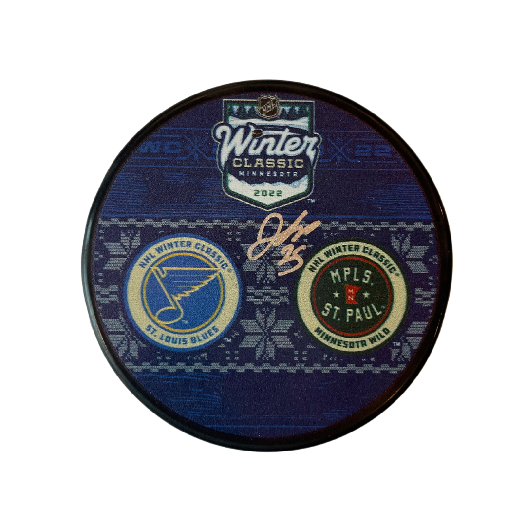 Jordan Kyrou St Louis Blues Autographed 2022 Winter Classic Dueling Logo Puck (Extra Fine) - JSA COA