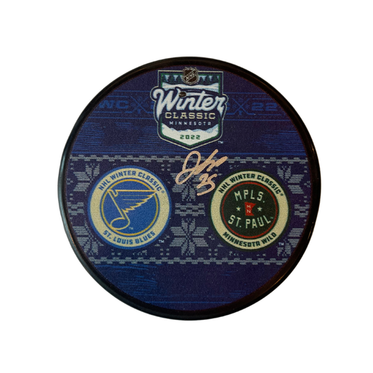 Jordan Kyrou St Louis Blues Autographed 2022 Winter Classic Dueling Logo Puck (Extra Fine) - JSA COA