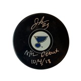Jordan Kyrou St Louis Blues Autographed Logo Puck with Debut Inscription - JSA COA