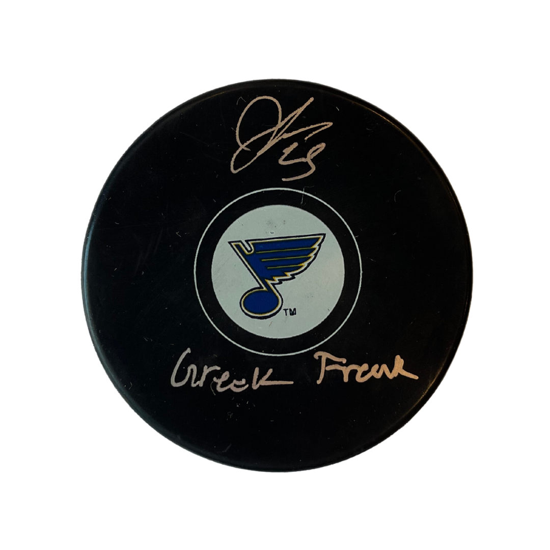 Jordan Kyrou St Louis Blues Autographed Logo Puck with Inscription - JSA COA