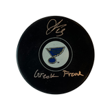 Jordan Kyrou St Louis Blues Autographed Logo Puck with Inscription - JSA COA