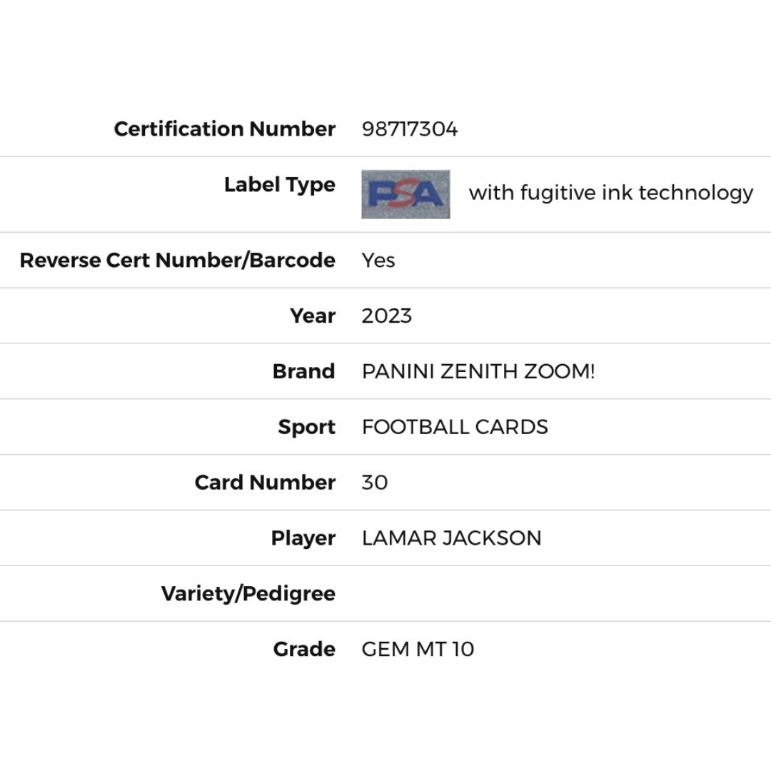 Lamar Jackson PSA 10 2023 Panini Zenith Zoom! Card #30