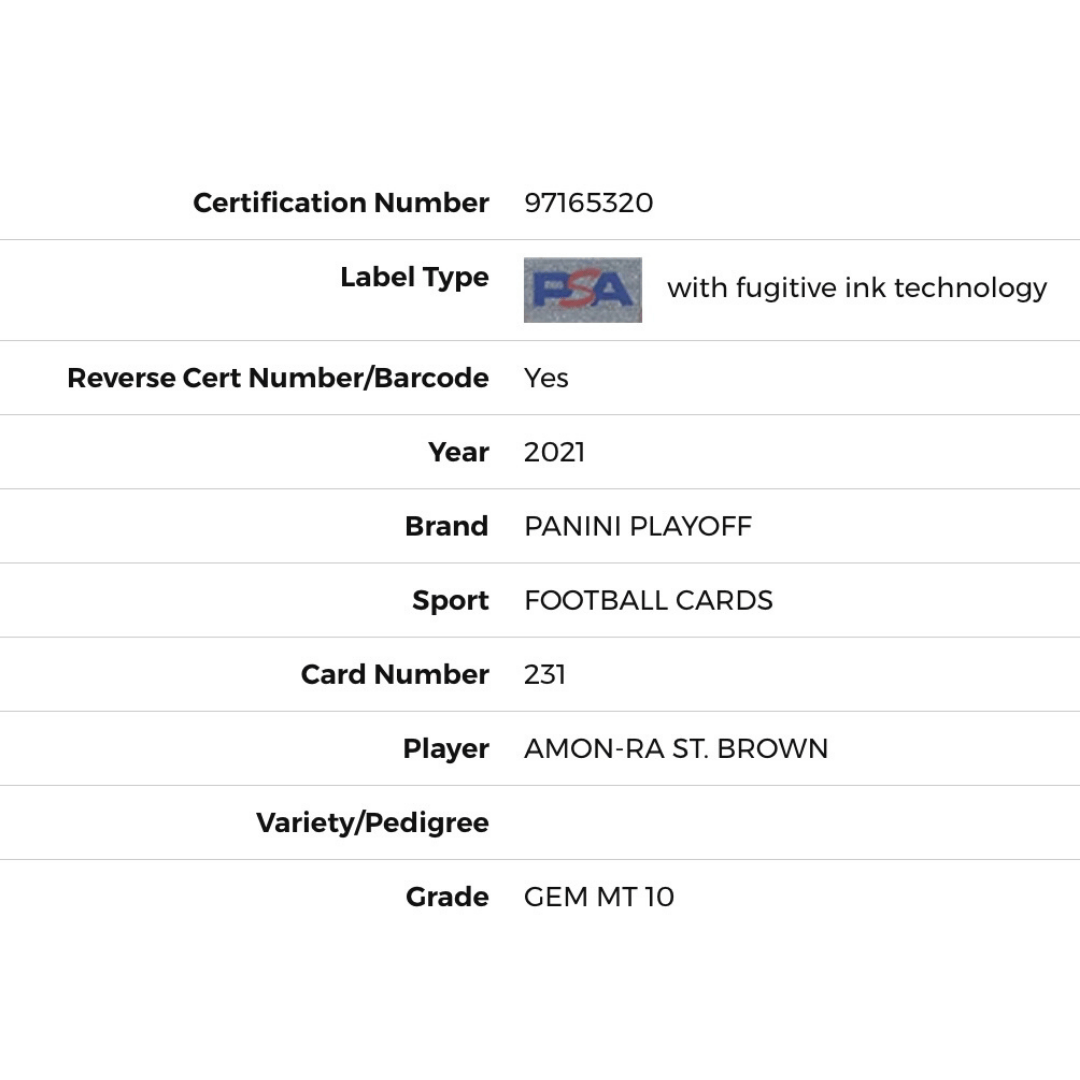 Amon-Ra St Brown PSA 10 2021 Panini Playoff Rookie RC Card #231