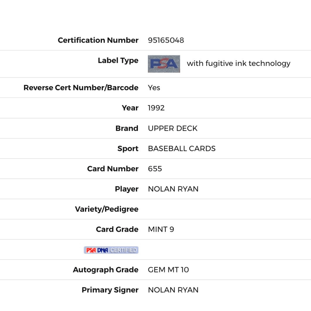 Nolan Ryan PSA 9 1992 Upper Deck Auto Card #655