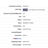 Nolan Ryan PSA 9 1992 Upper Deck Auto Card #655