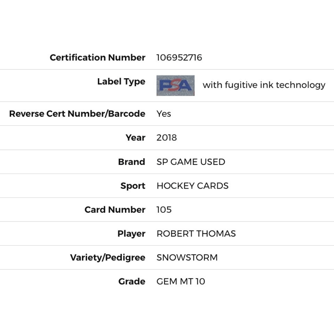Robert Thomas PSA 10 2018 Upper Deck SP Game Used Snowstorm Card #105