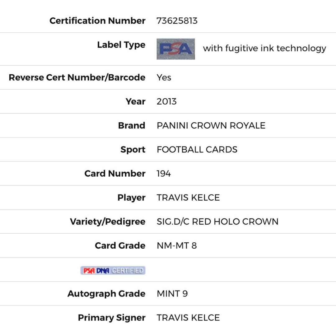 Travis Kelce PSA 8 2013 Panini Crown Royale Signature D/C Red Holo Crown Rookie RC #d/25 Card #194