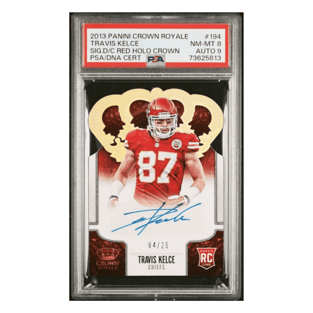 Travis Kelce PSA 8 2013 Panini Crown Royale Signature D/C Red Holo Crown Rookie RC #d/25 Card #194