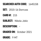 Nikola Jokic SGC 9 2015-16 Panini Donruss Rated Rookie Card #215
