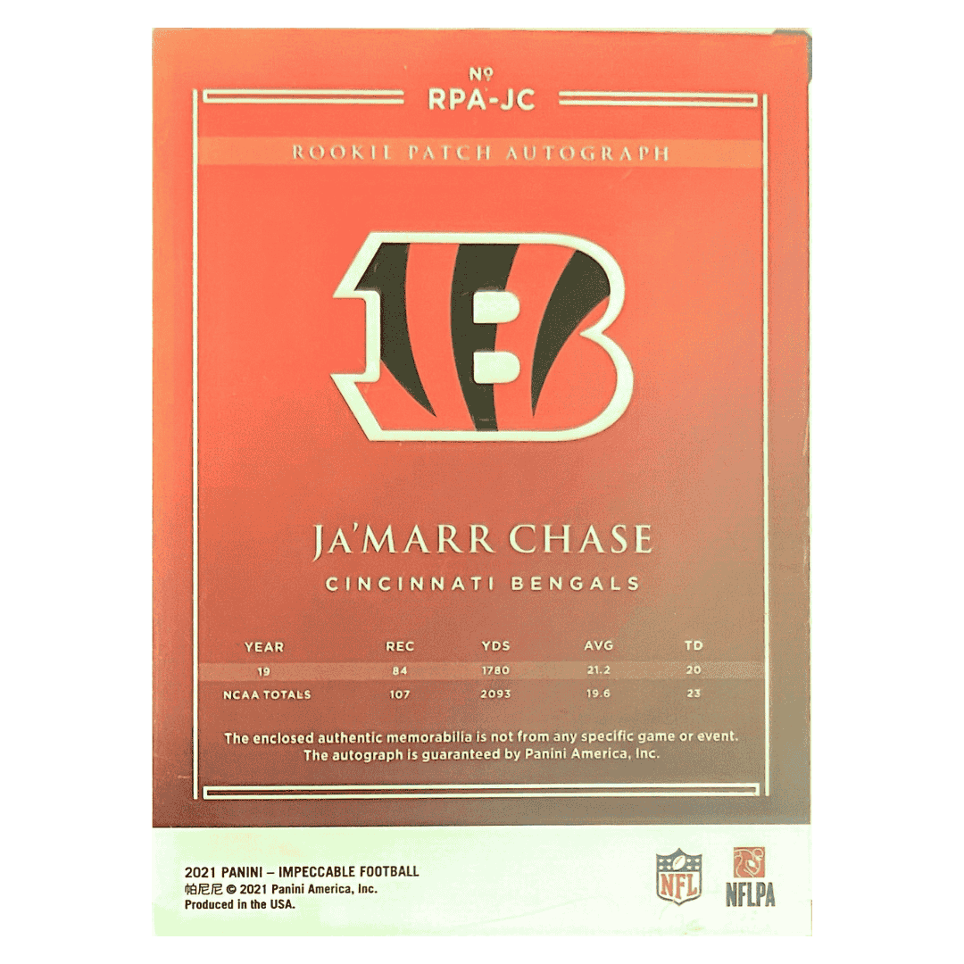 Ja'Marr Chase 2021 Panini Impeccable Rookie Patch Autograph RPA #d / 99 Card #RPA-JC
