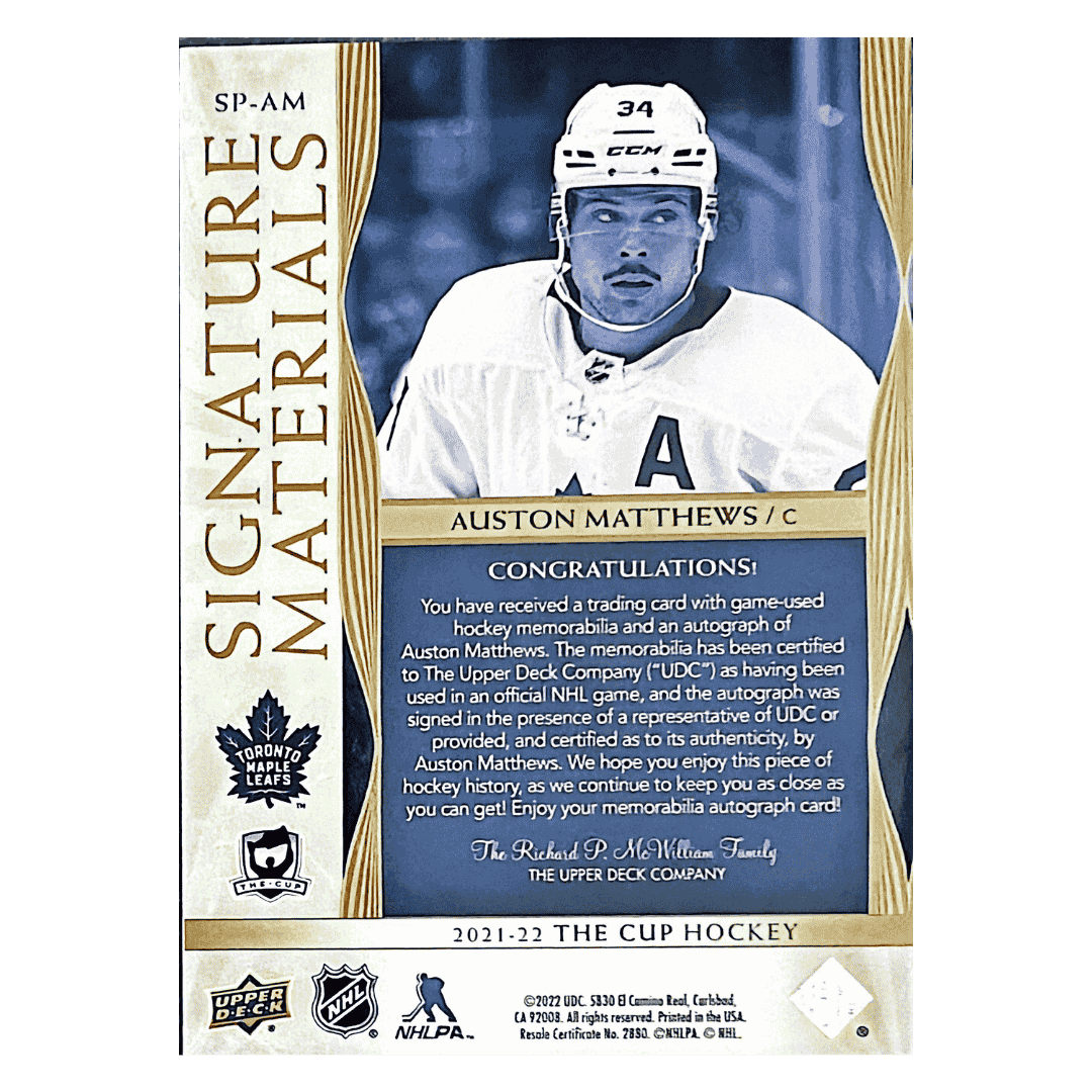 Auston Matthews 2021-22 Upper Deck The Cup Auto Patch Signature Material #D /10 Card #SP-AM
