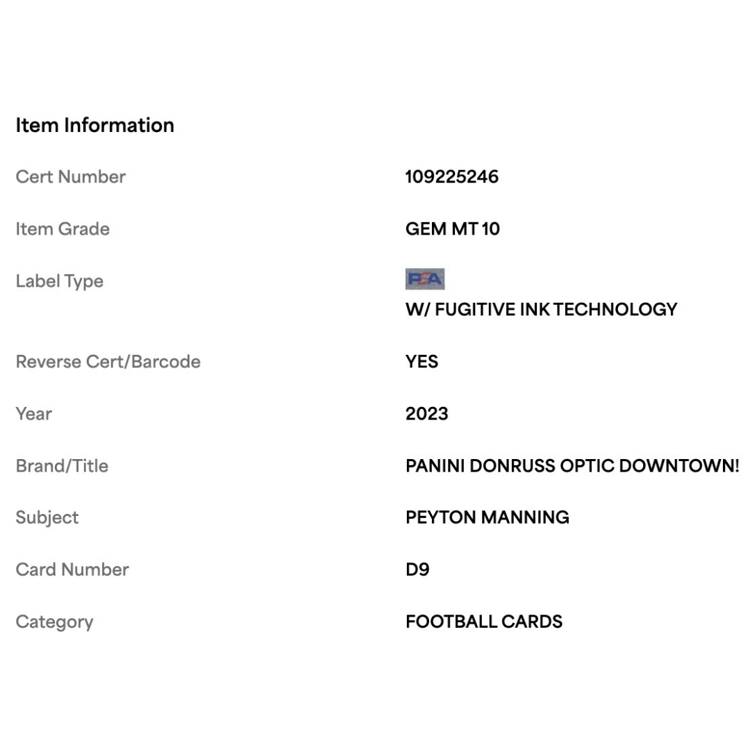 Peyton Manning PSA 10 2023 Panini Donruss Optic Downtown Card #D9